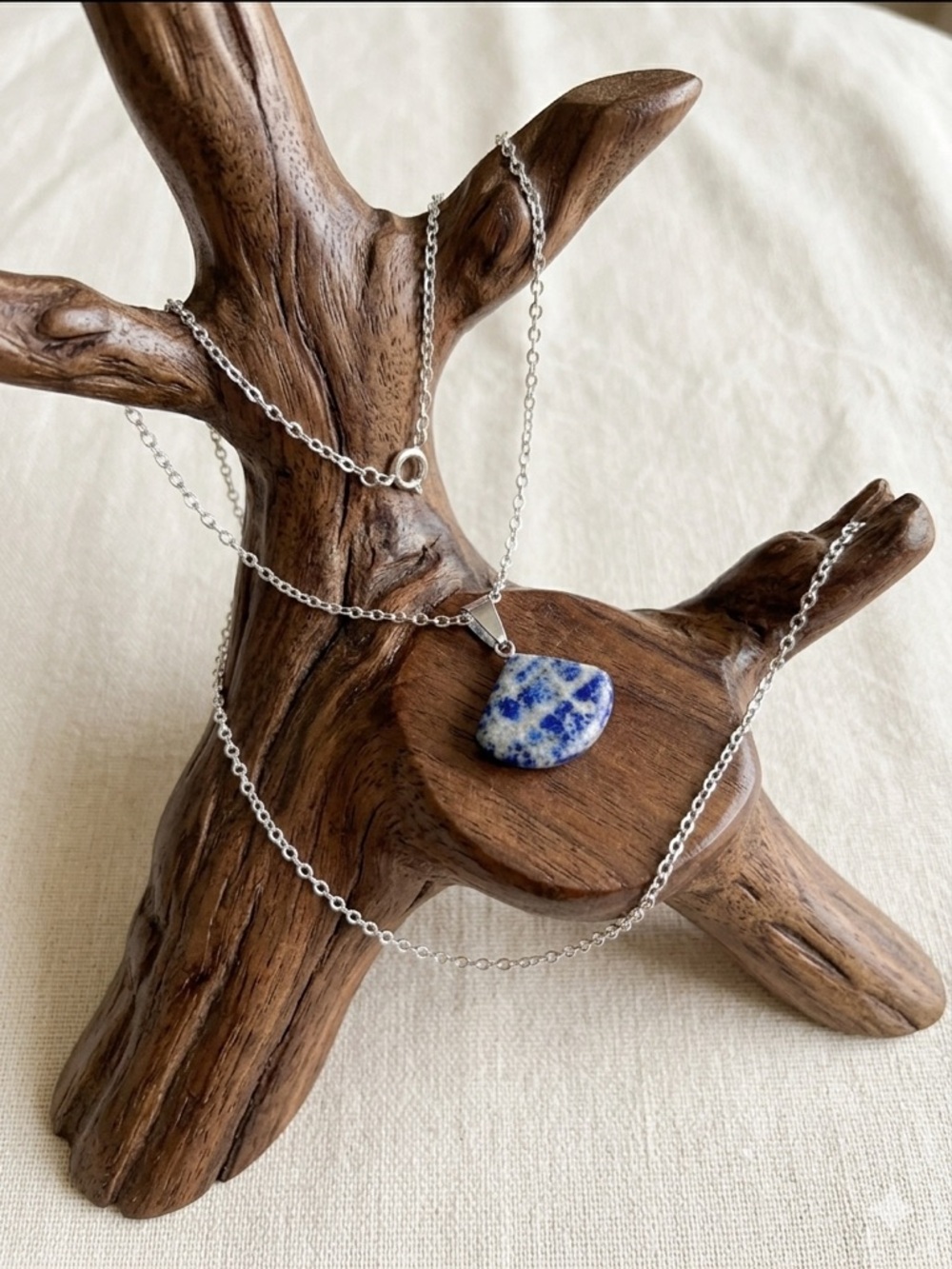 New S925 Sterling Silver Chain Necklace Artisan Blue Lapis Lazuli Fan Pendant - Picture 4 of 12